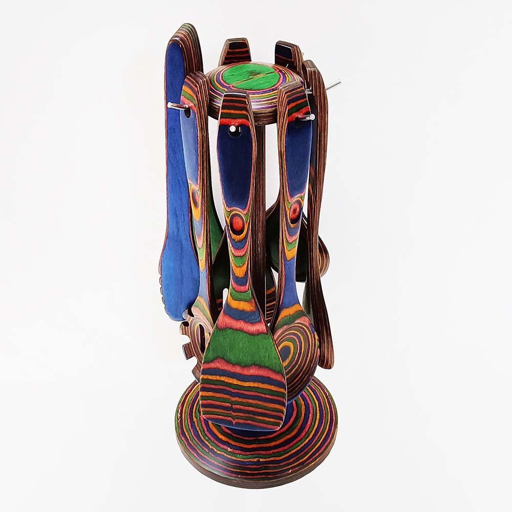 Pakkawood 8-Piece Blue Wooden Cooking Utensils With Hanging Holder