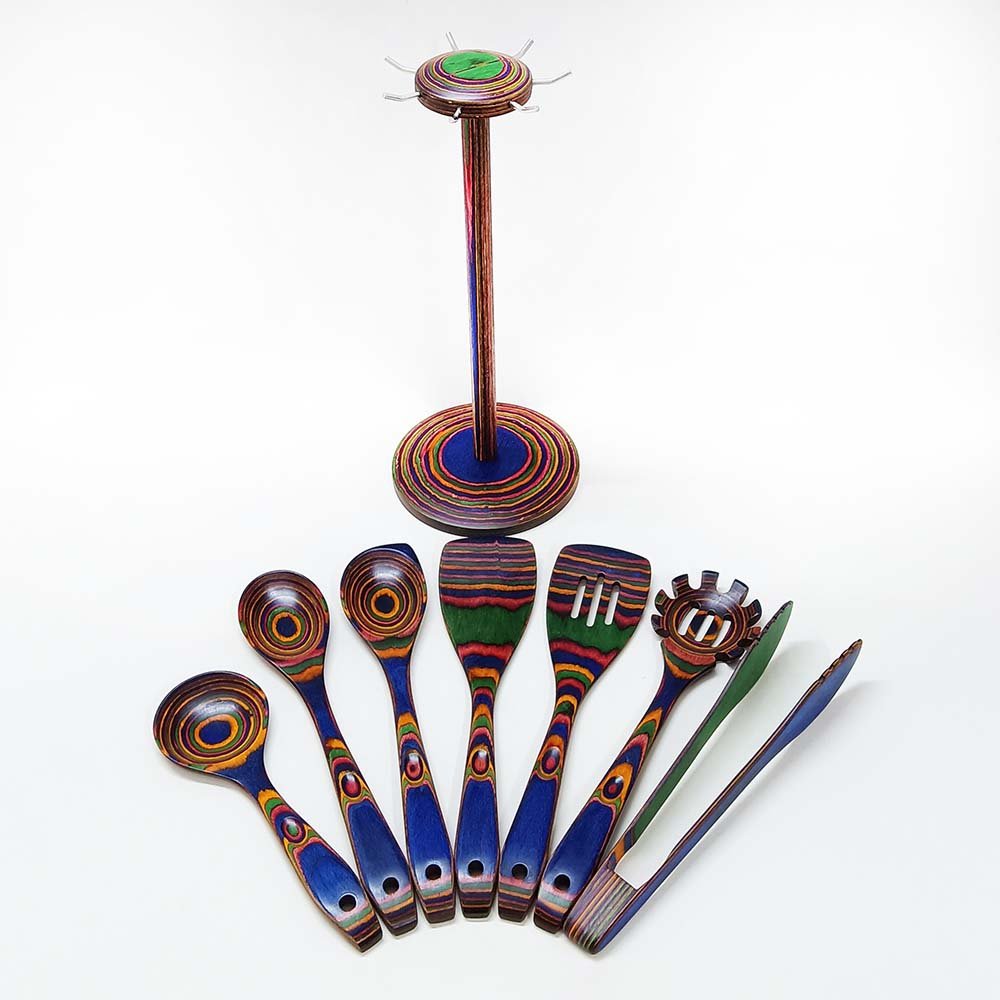 Pakkawood 8-Piece Blue Wooden Cooking Utensils With Hanging Holder
