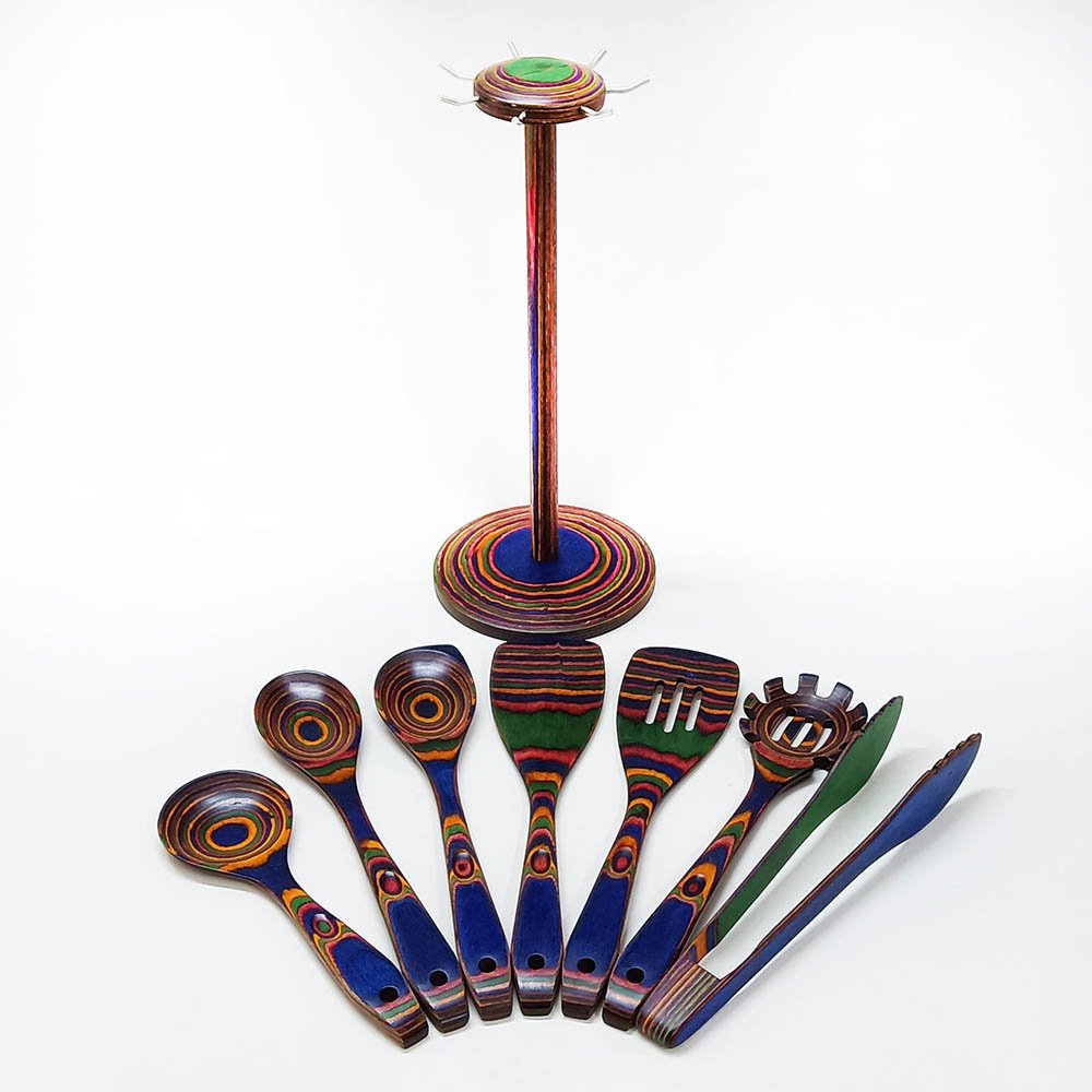 Pakkawood 8-Piece Blue Wooden Cooking Utensils With Hanging Holder
