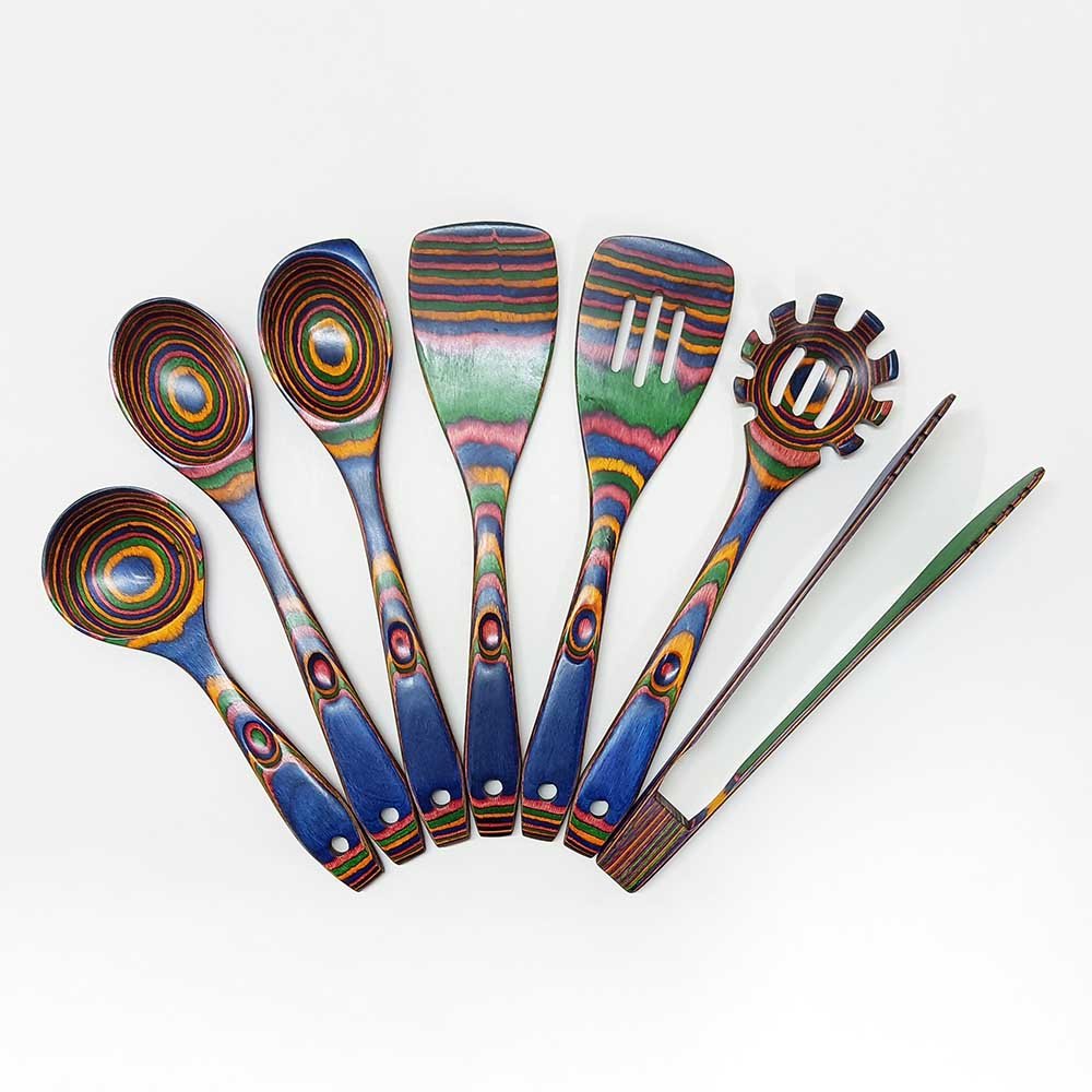 Pakkawood 8-Piece Blue Wooden Cooking Utensils With Hanging Holder