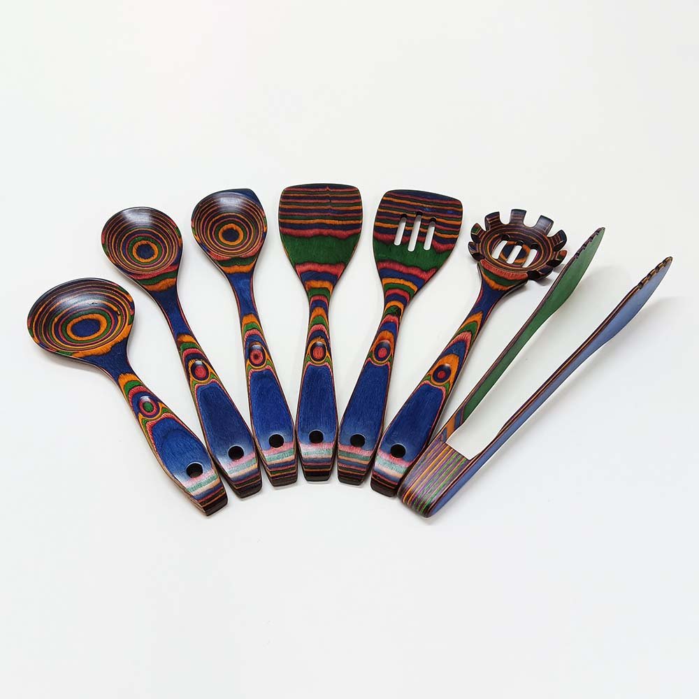 Pakkawood 8-Piece Blue Wooden Cooking Utensils With Hanging Holder