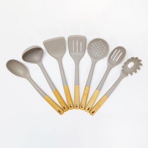 7 Pcs Large Silicone Cooking Utensils Set Wooden Handle
