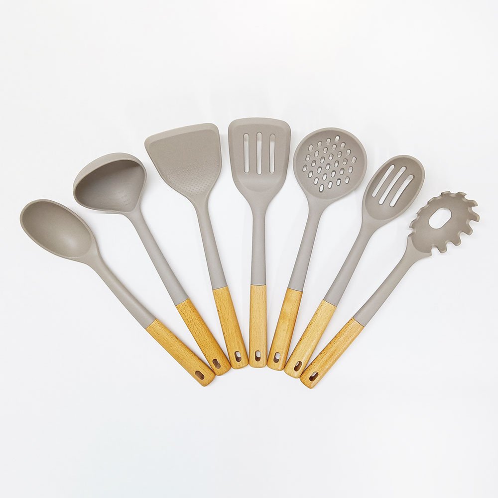 7 Pcs Large Silicone Cooking Utensils Set Wooden Handle