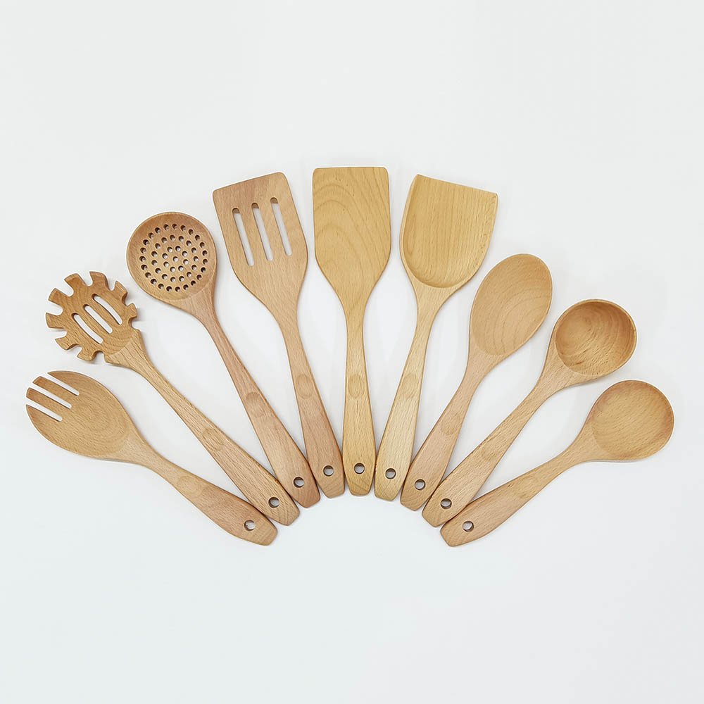 9-Piece Beech Wood Cooking Utensils Set