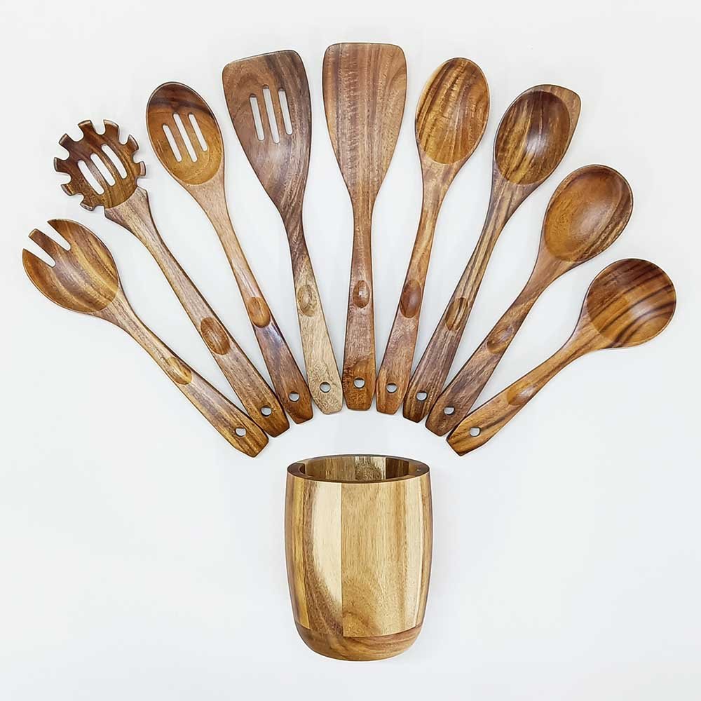 10 Pieces Natural Teak Wooden Utensils Set With Holder
