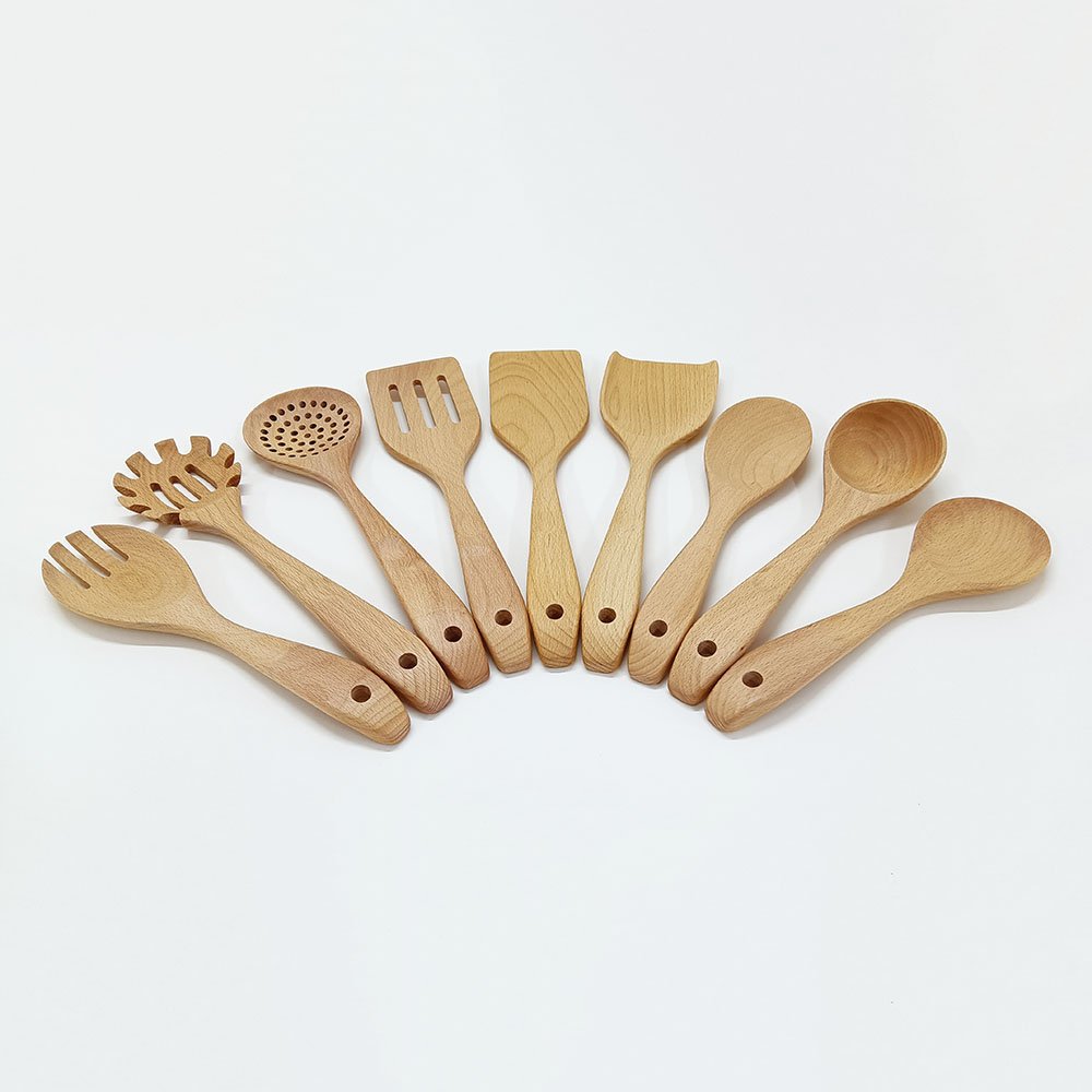 9-Piece Beech Wood Cooking Utensils Set