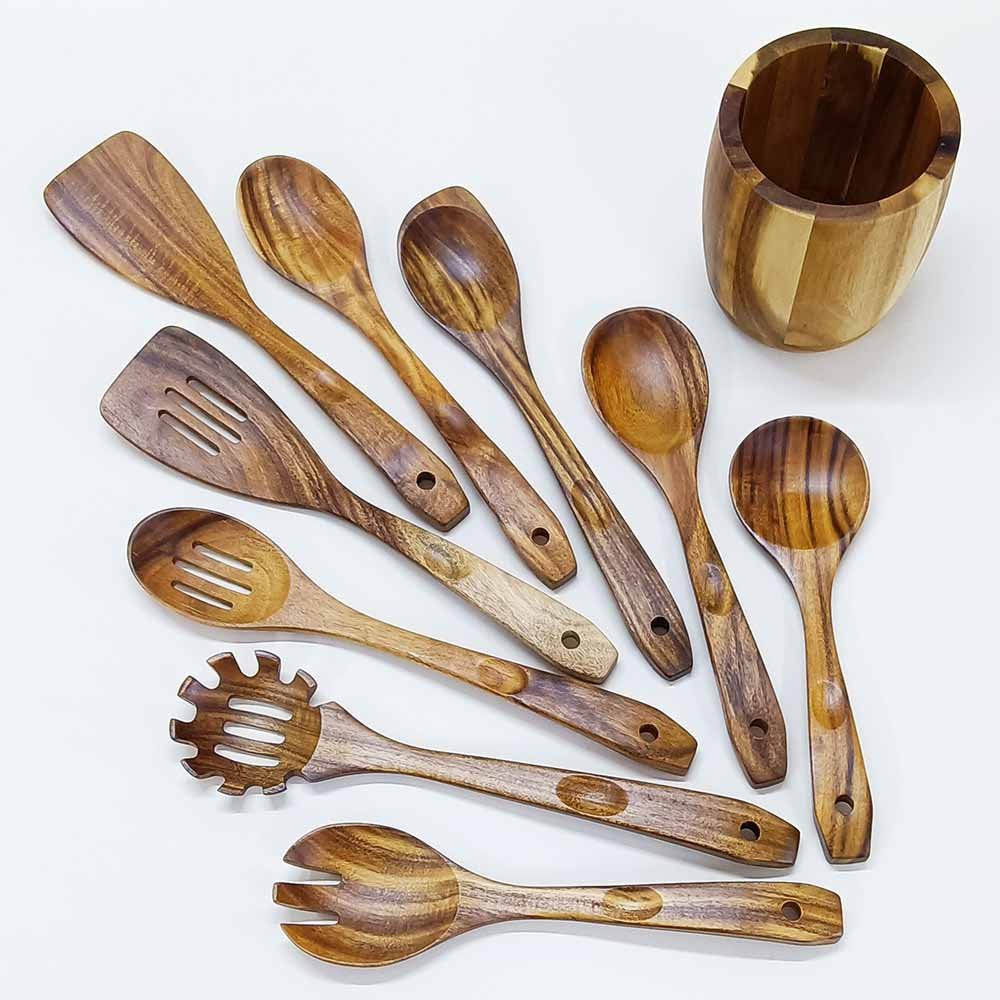 10 Pieces Natural Teak Wooden Utensils Set With Holder