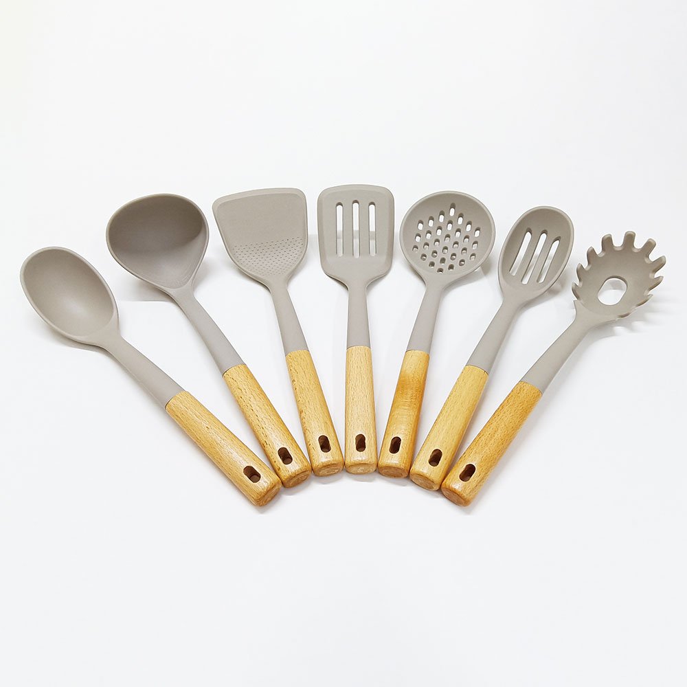 7 Pcs Large Silicone Cooking Utensils Set Wooden Handle