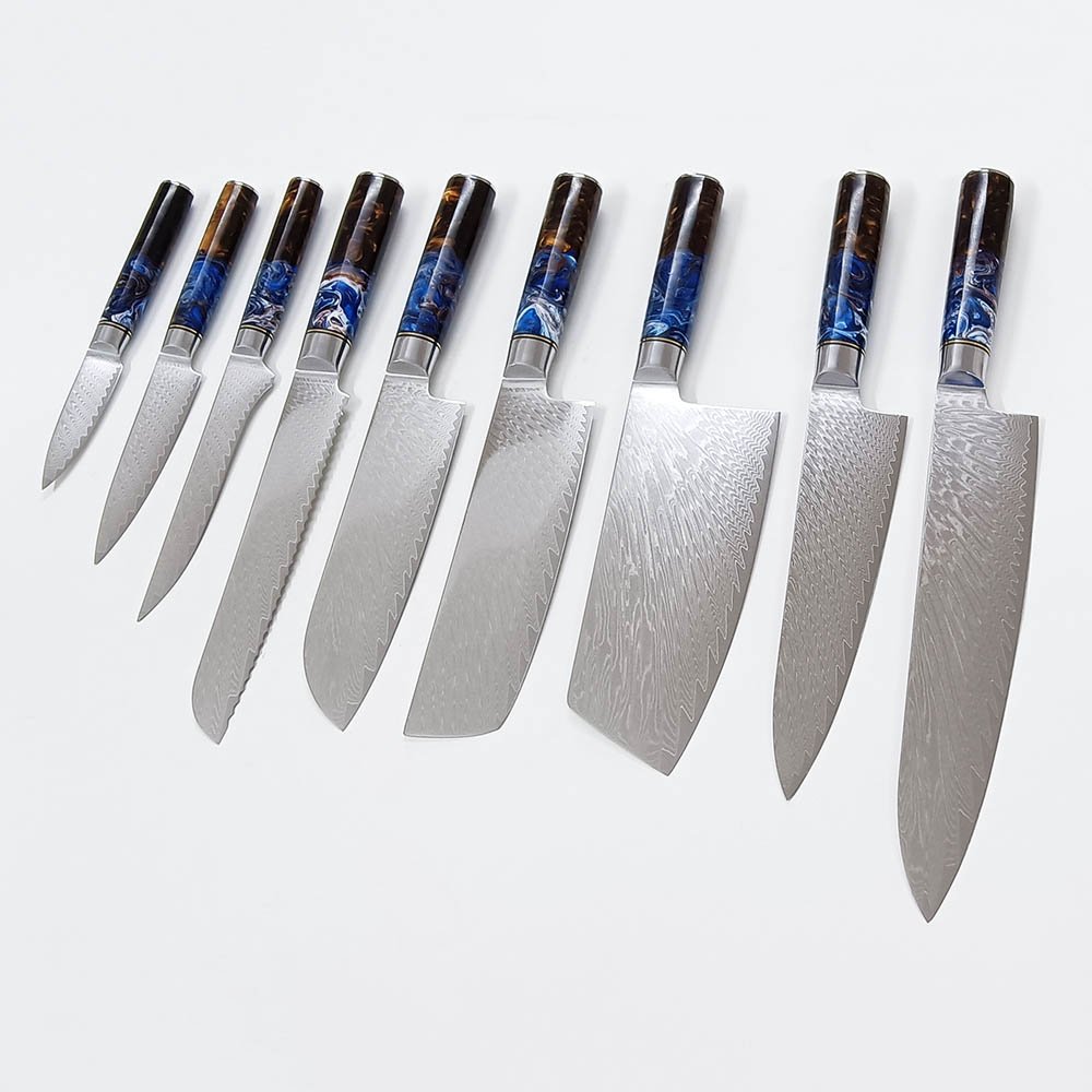 9-Piece Damascus Knife Set With Resin Handle