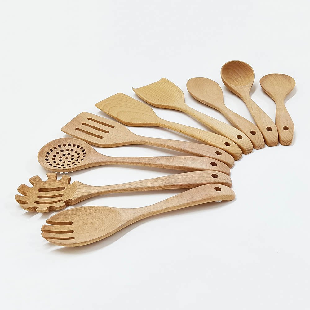 9-Piece Beech Wood Cooking Utensils Set