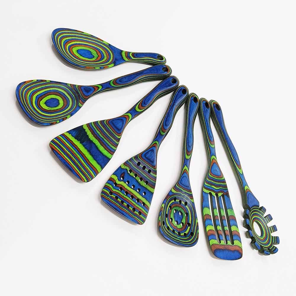 Pakkawood 7-Piece Blue Wooden Cooking Utensils