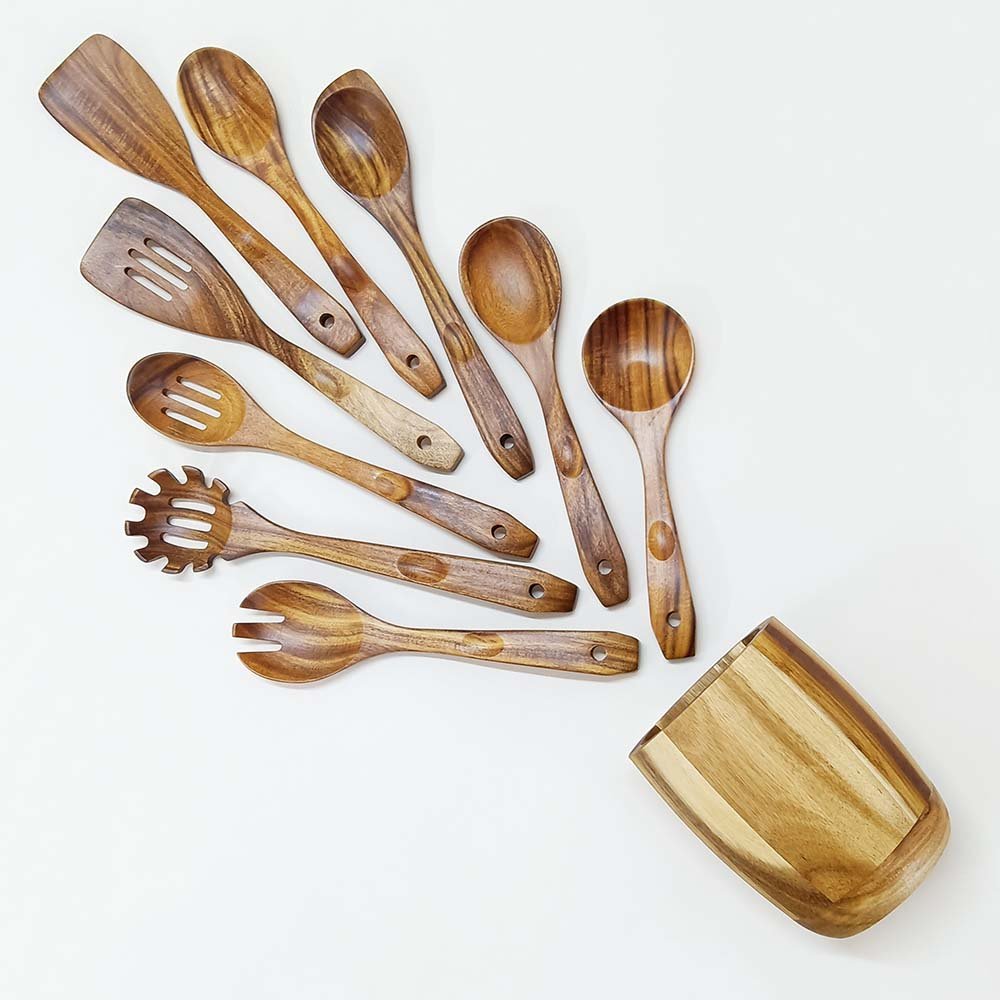 10 Pieces Natural Teak Wooden Utensils Set With Holder