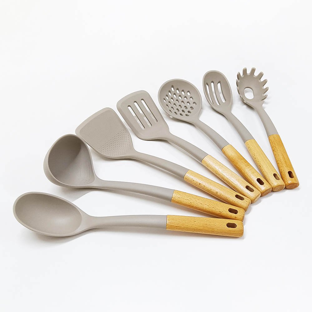 7 Pcs Large Silicone Cooking Utensils Set Wooden Handle