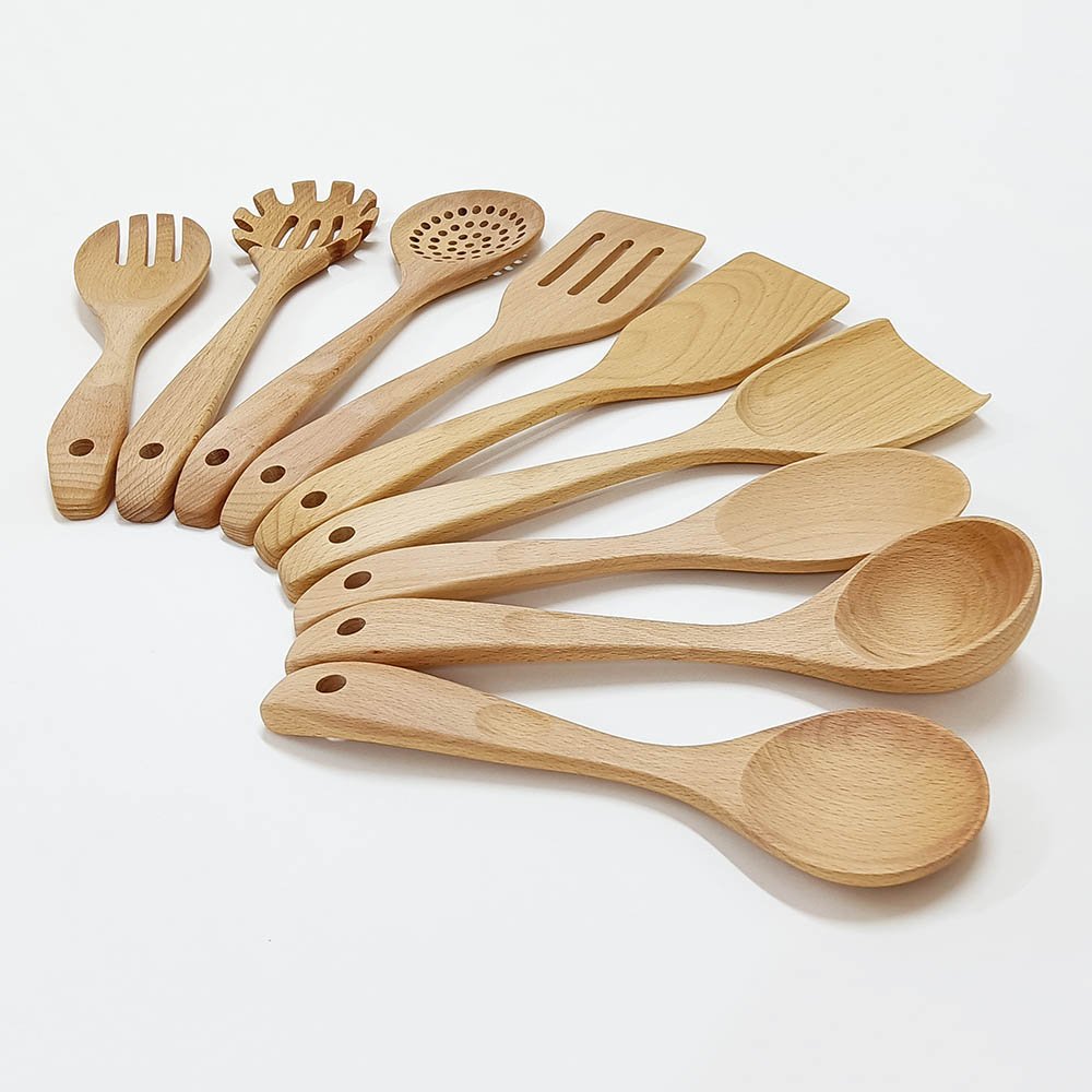 9-Piece Beech Wood Cooking Utensils Set