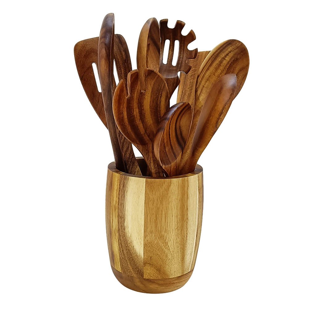 10 Pieces Natural Teak Wooden Utensils Set With Holder