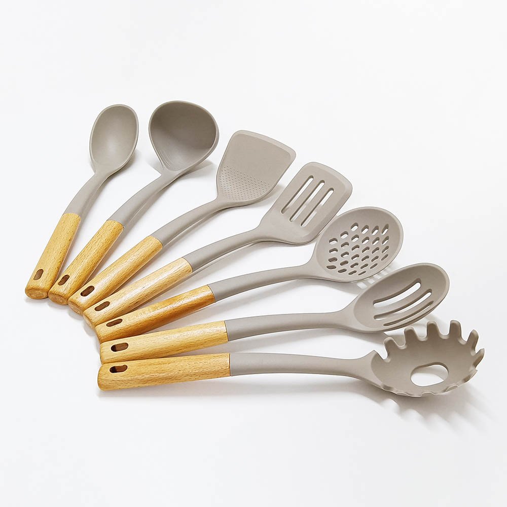 7 Pcs Large Silicone Cooking Utensils Set Wooden Handle