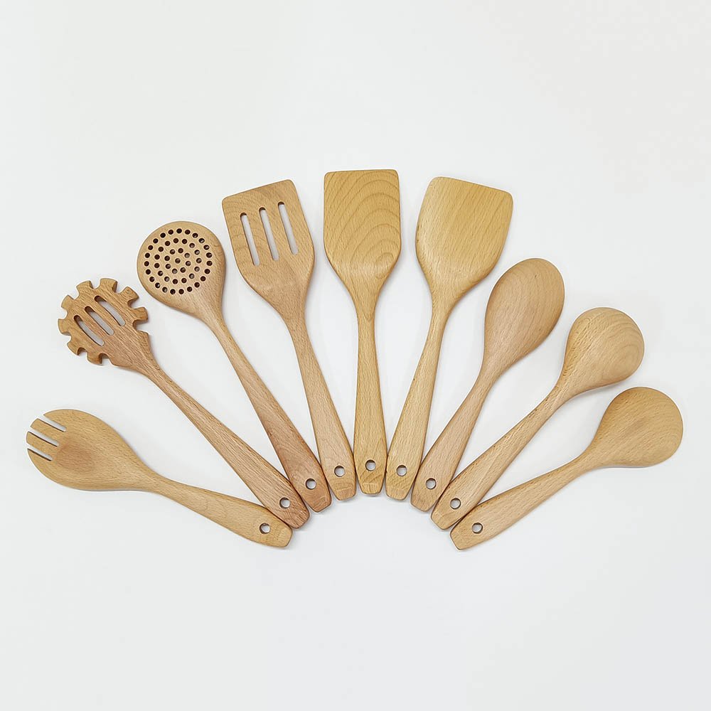 9-Piece Beech Wood Cooking Utensils Set