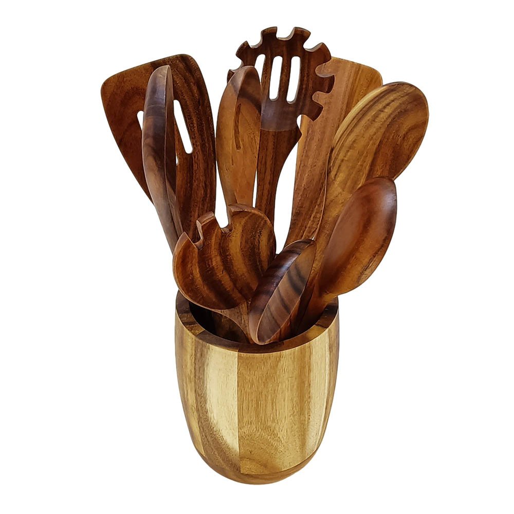 10 Pieces Natural Teak Wooden Utensils Set With Holder