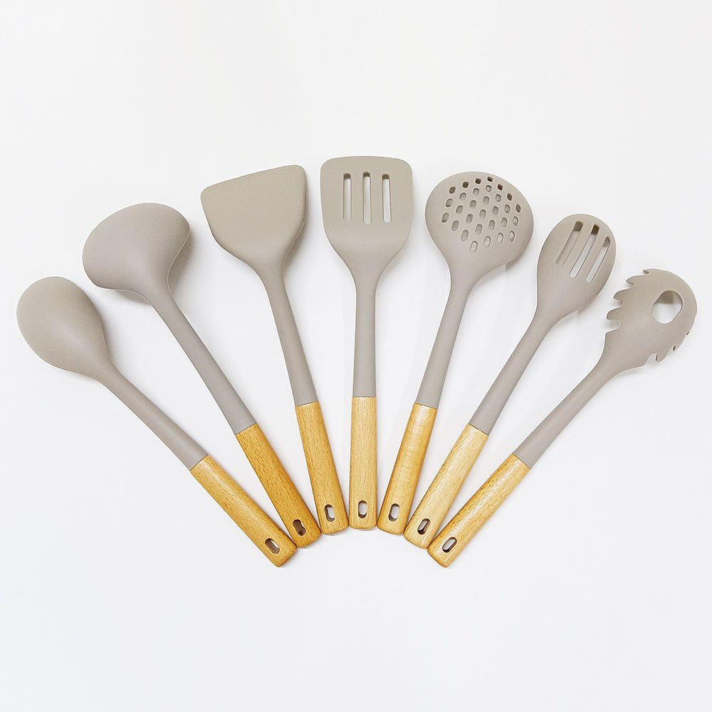 7 Pcs Large Silicone Cooking Utensils Set Wooden Handle