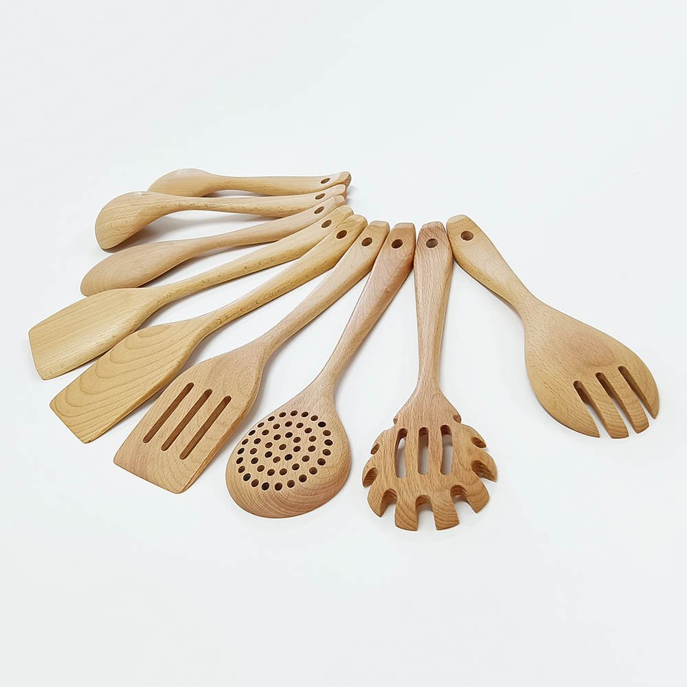 9-Piece Beech Wood Cooking Utensils Set
