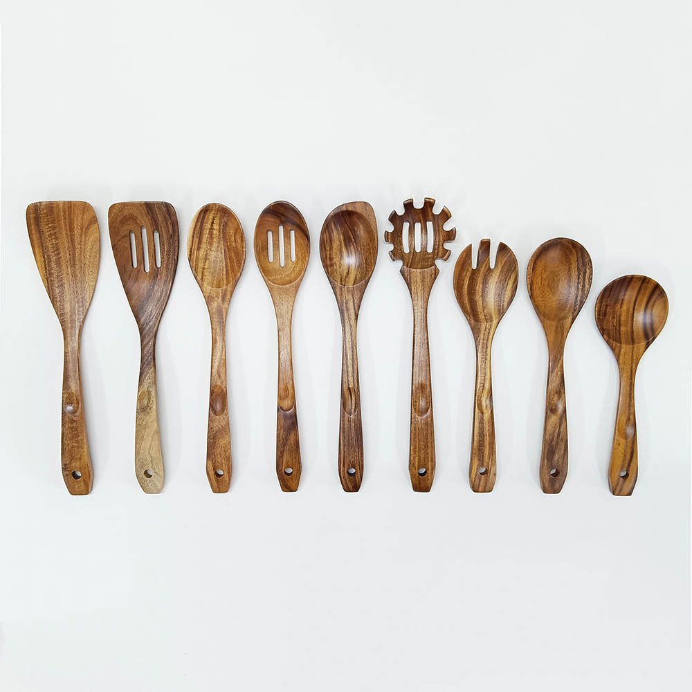 10 Pieces Natural Teak Wooden Utensils Set With Holder