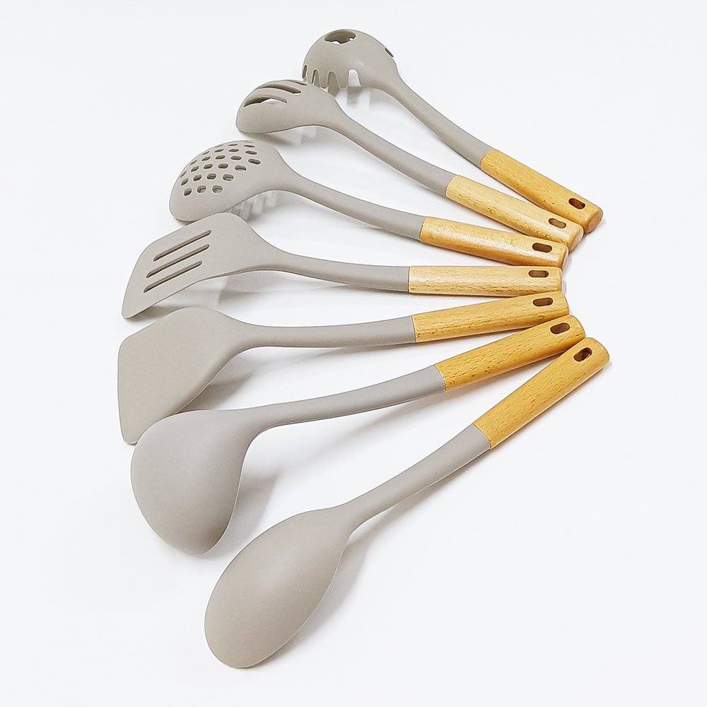 7 Pcs Large Silicone Cooking Utensils Set Wooden Handle