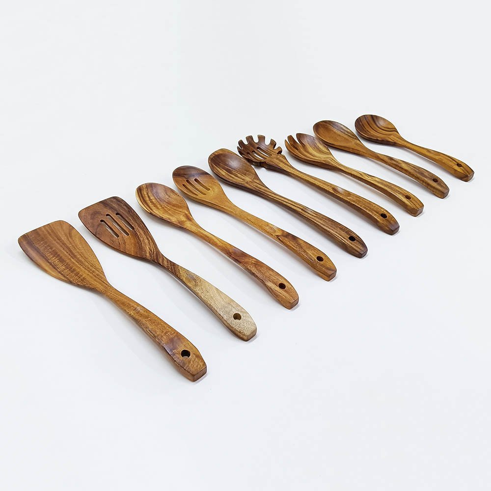10 Pieces Natural Teak Wooden Utensils Set With Holder