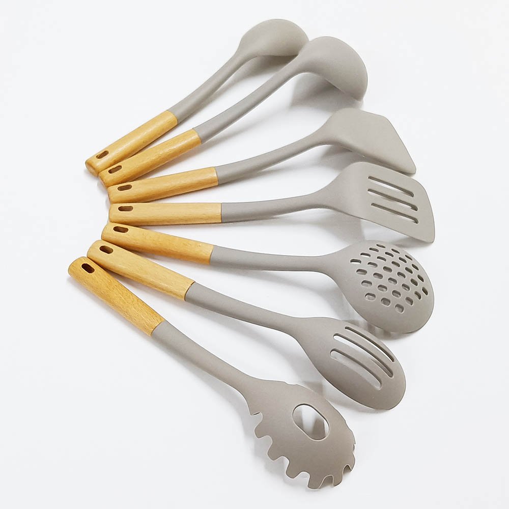 7 Pcs Large Silicone Cooking Utensils Set Wooden Handle