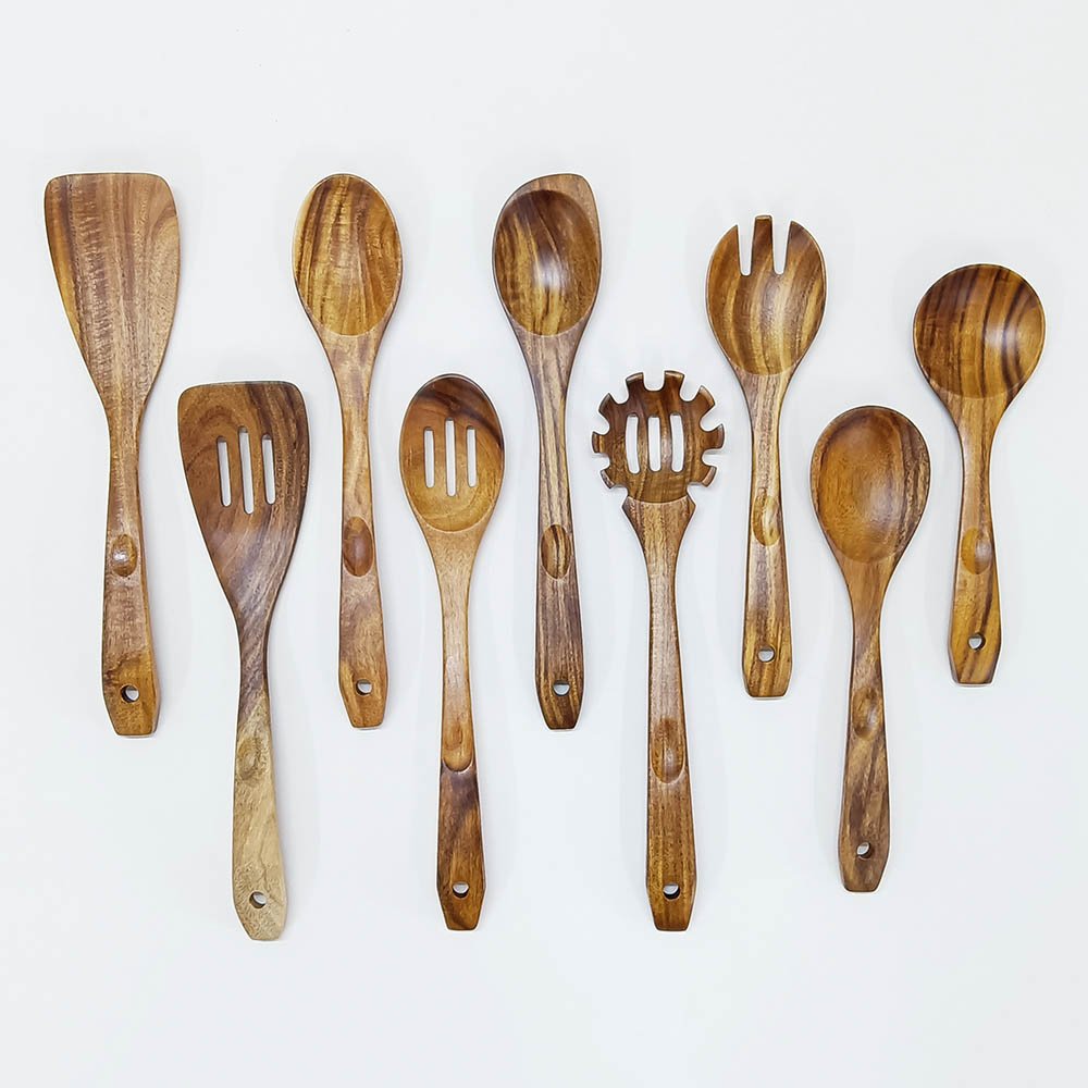 10 Pieces Natural Teak Wooden Utensils Set With Holder