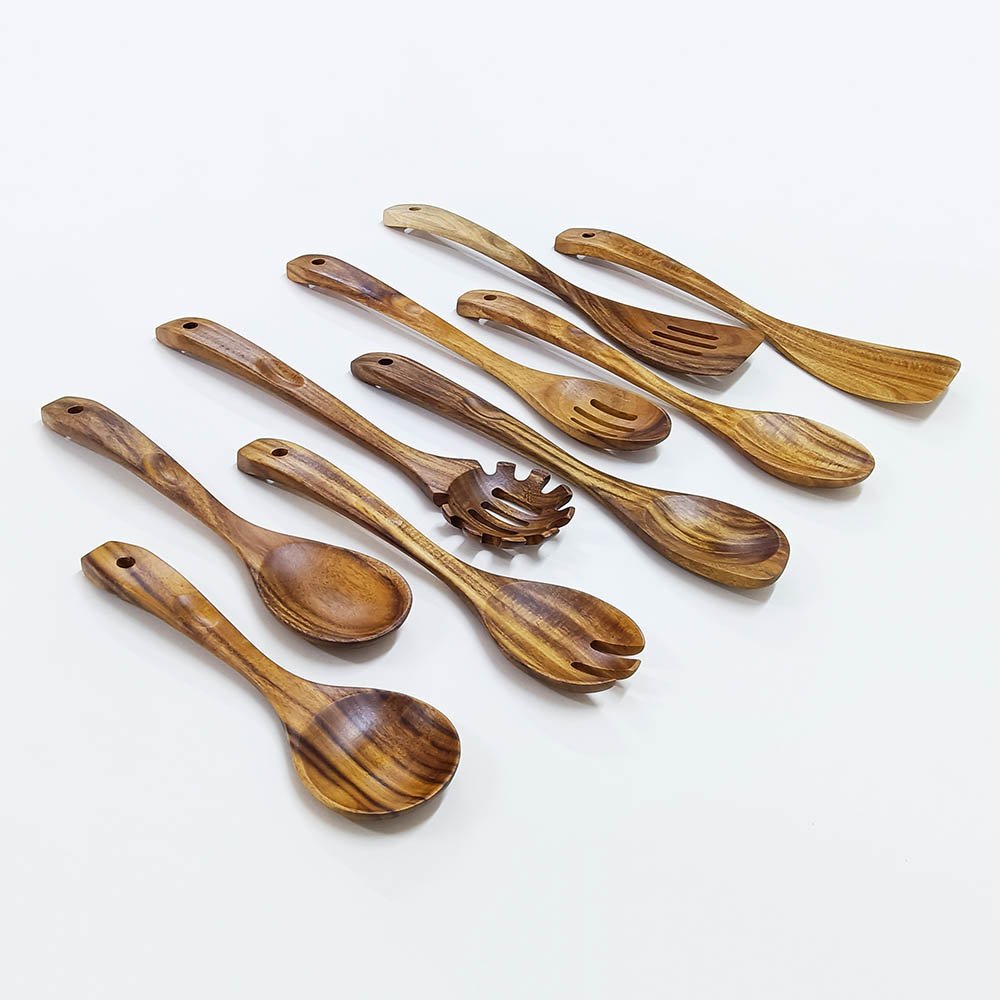 10 Pieces Natural Teak Wooden Utensils Set With Holder