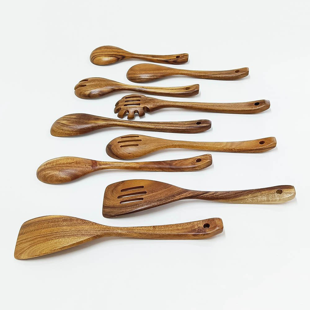 10 Pieces Natural Teak Wooden Utensils Set With Holder