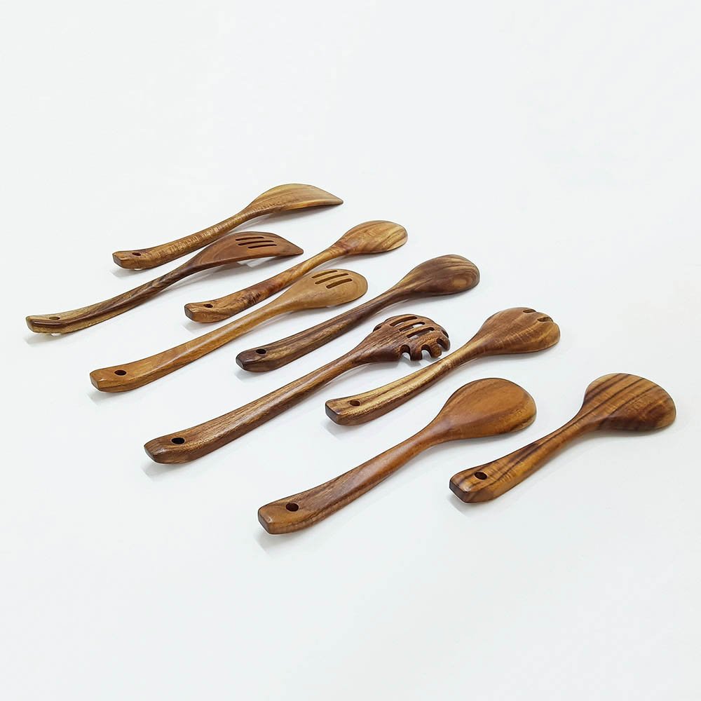10 Pieces Natural Teak Wooden Utensils Set With Holder