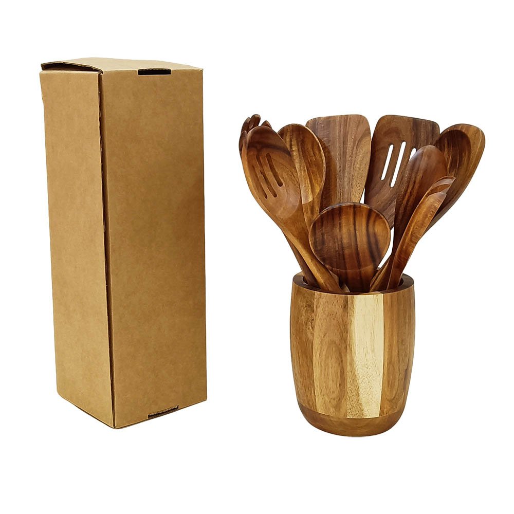 10 Pieces Natural Teak Wooden Utensils Set With Holder