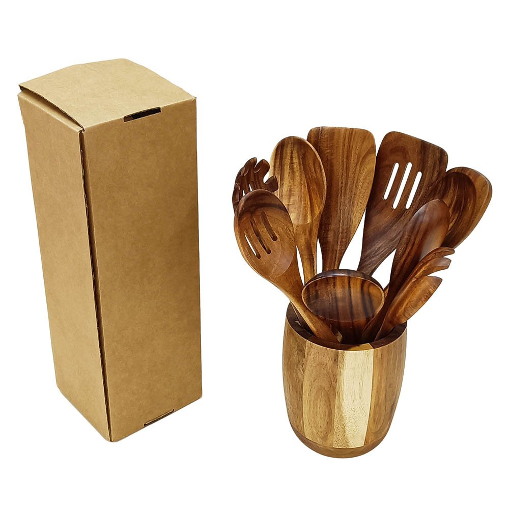 10 Pieces Natural Teak Wooden Utensils Set With Holder