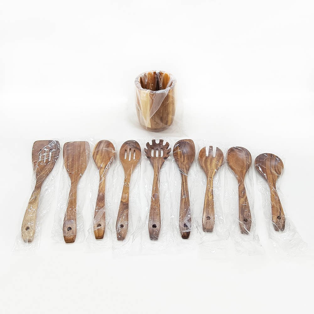 10 Pieces Natural Teak Wooden Utensils Set With Holder