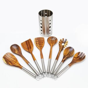 8-Piece Wooden Utensil Set with Stainless Steel Handle