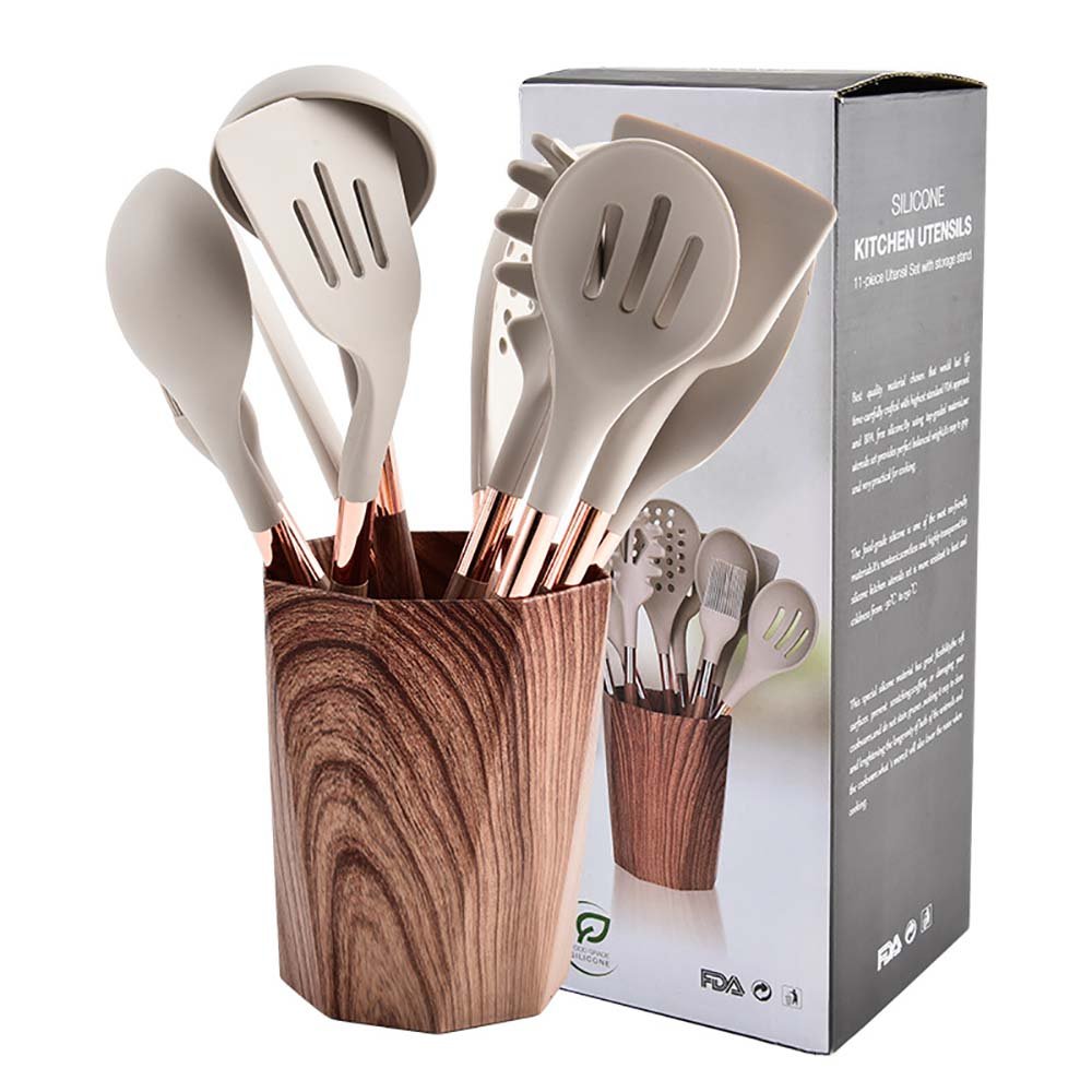 11-Piece Silicone Utensil Set with Wood Grain Handle & Bucket