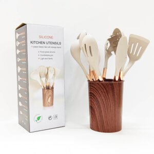 11-Piece Silicone Utensil Set with Wood Grain Handle & Bucket