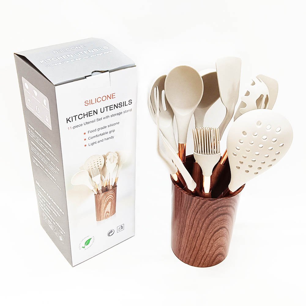 11-Piece Silicone Utensil Set with Wood Grain Handle & Bucket - Image 2