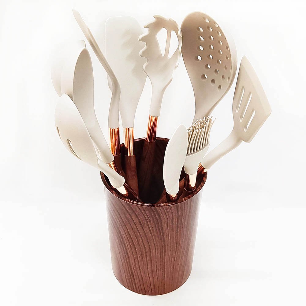 11-Piece Silicone Utensil Set with Wood Grain Handle & Bucket - Image 3