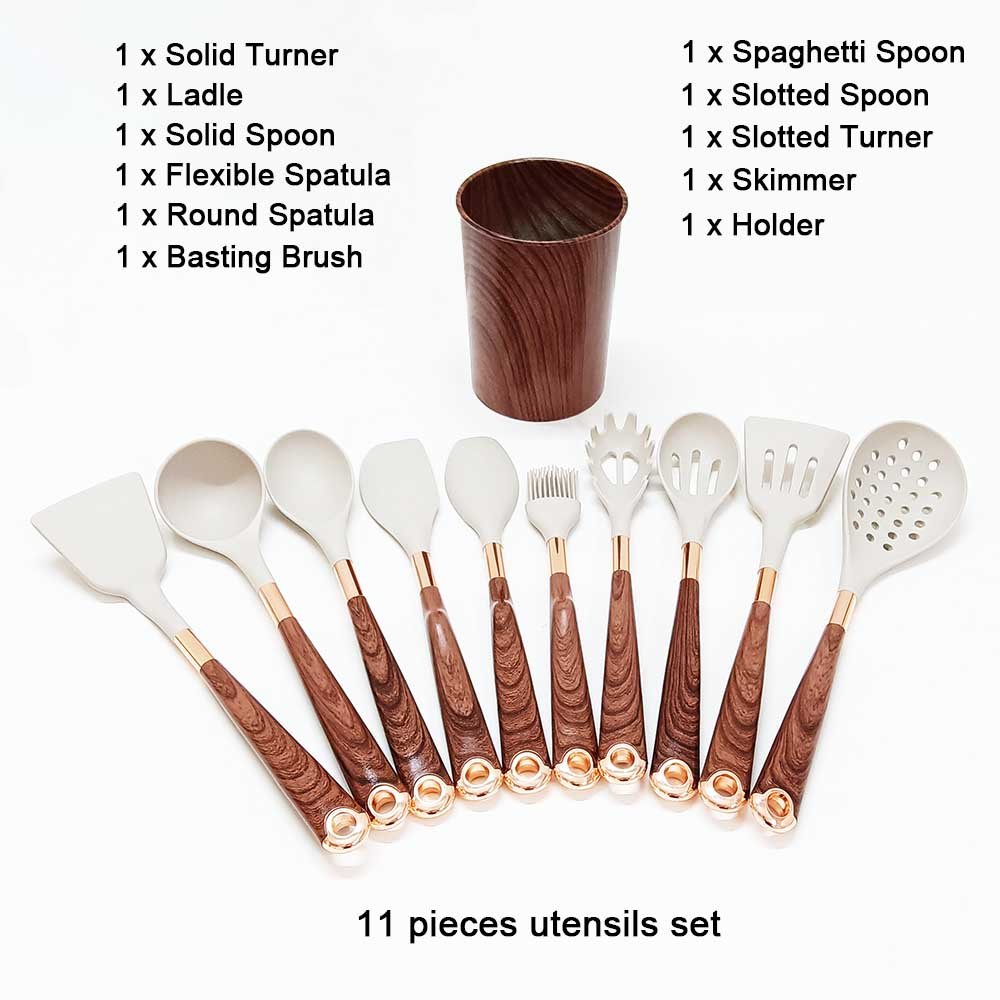 11-Piece Silicone Utensil Set with Wood Grain Handle & Bucket