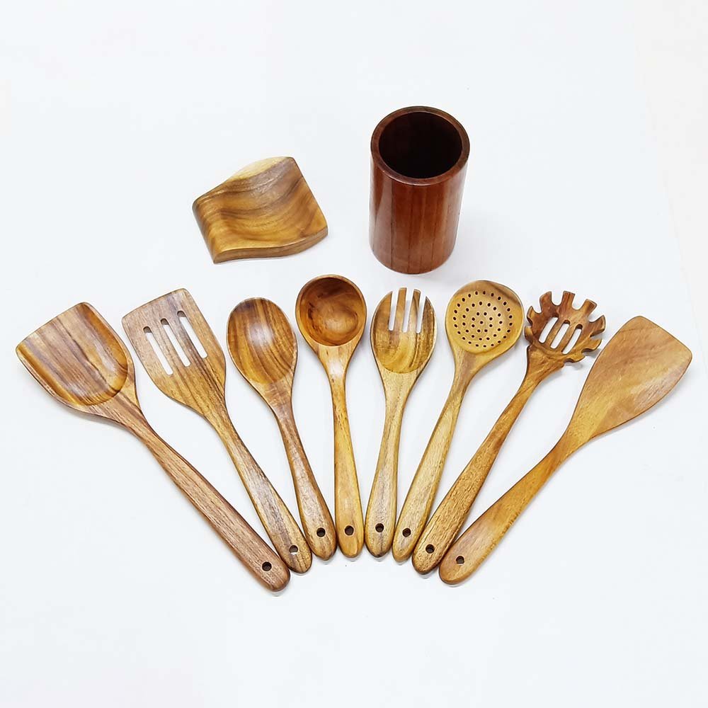 10-Piece Natural Acacia Wood Kitchen Utensil Set