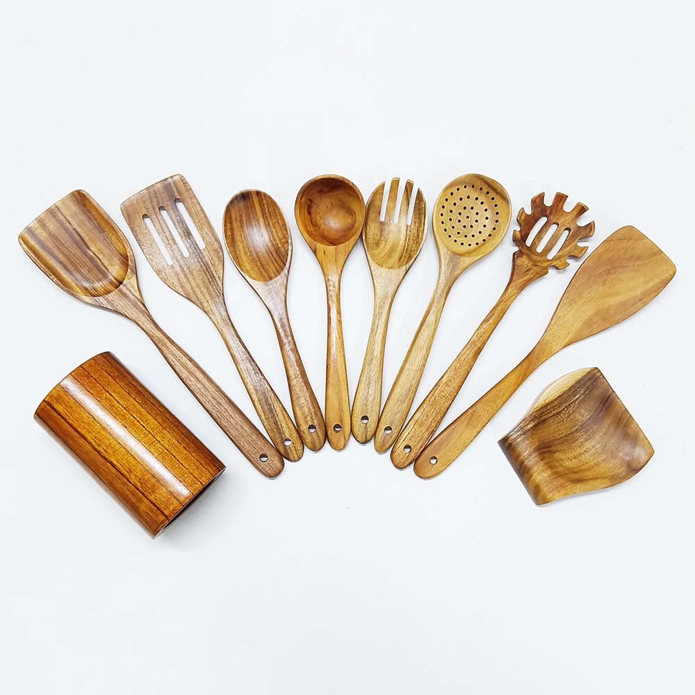 10-Piece Natural Acacia Wood Kitchen Utensil Set