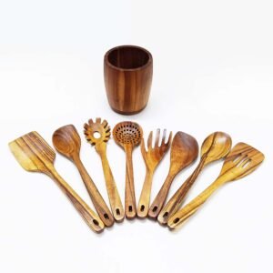 9-Piece Acacia Wooden Utensil Set with Round Storage Holder
