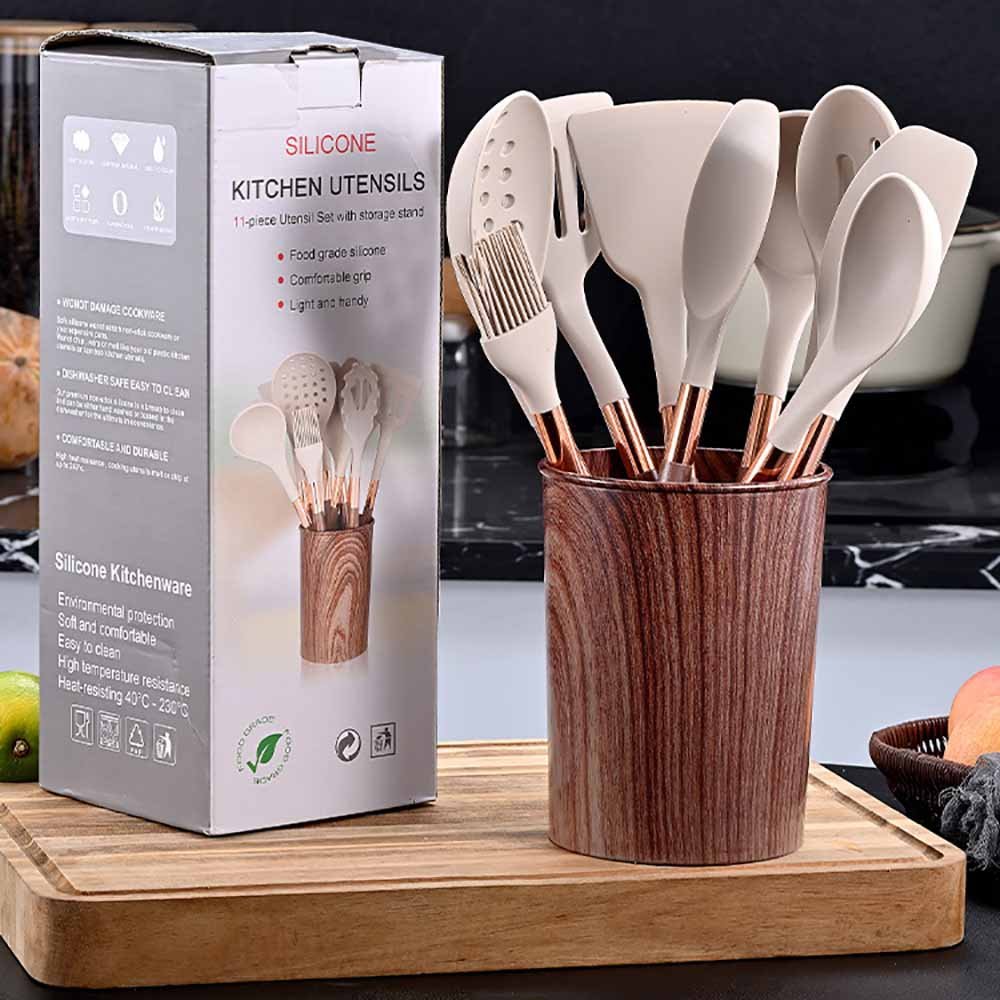 11-Piece Silicone Utensil Set with Wood Grain Handle & Bucket