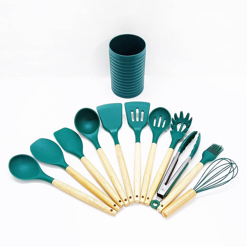 12-Piece Wooden Handle Silicone Cooking Utensil Set