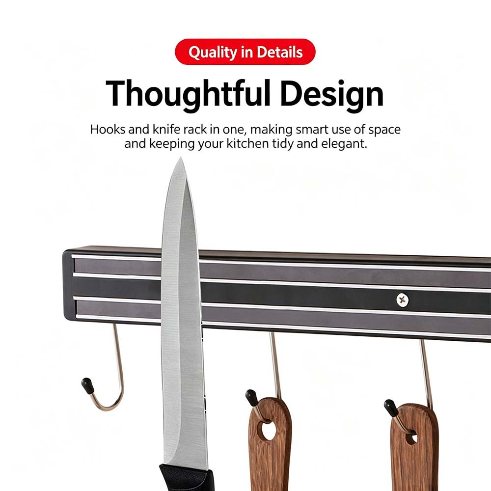 Wall-Mounted Magnetic Knife Holder with Hooks