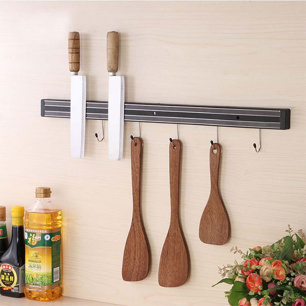Wall-Mounted Magnetic Knife Holder with Hooks