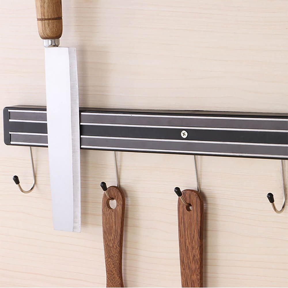 Wall-Mounted Magnetic Knife Holder with Hooks