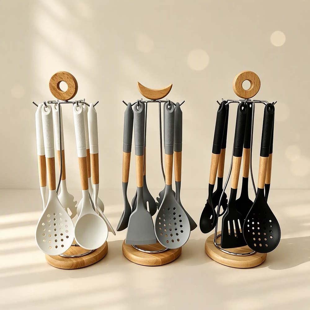 7-Piece Silicone Utensil Set with Sun or Moon Shaped Stand